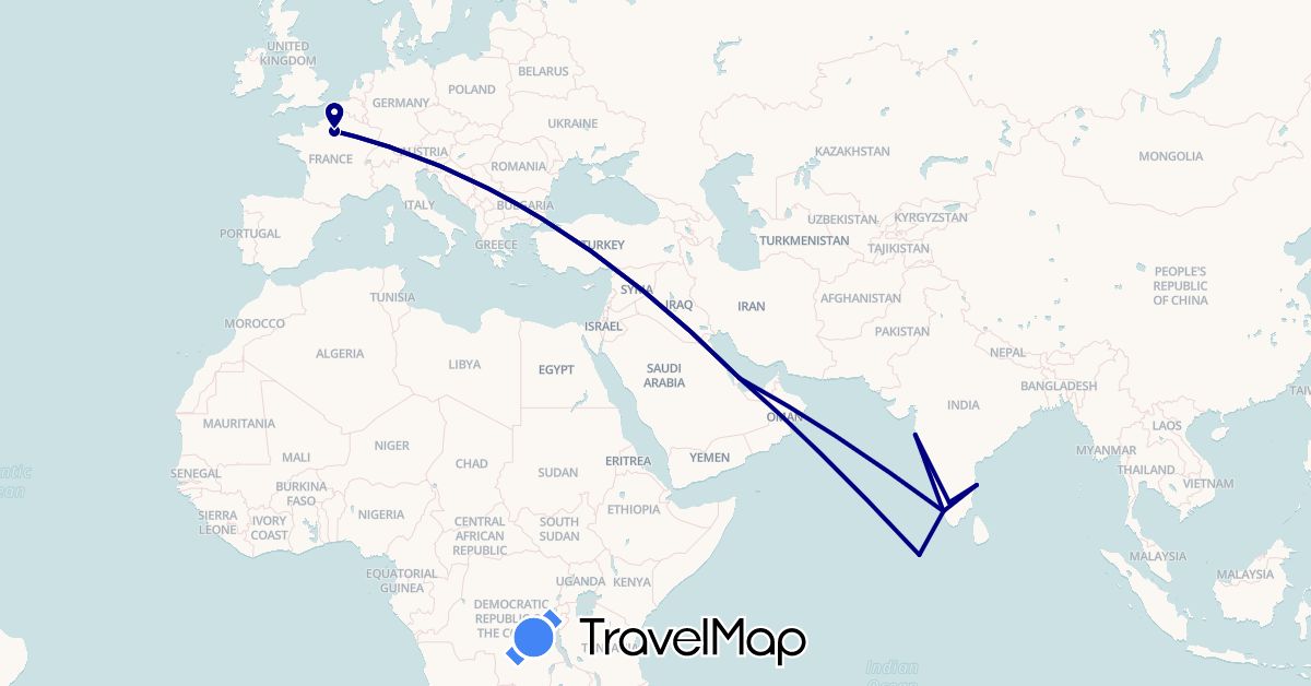 TravelMap itinerary: driving in France, India, Maldives, Qatar (Asia, Europe)